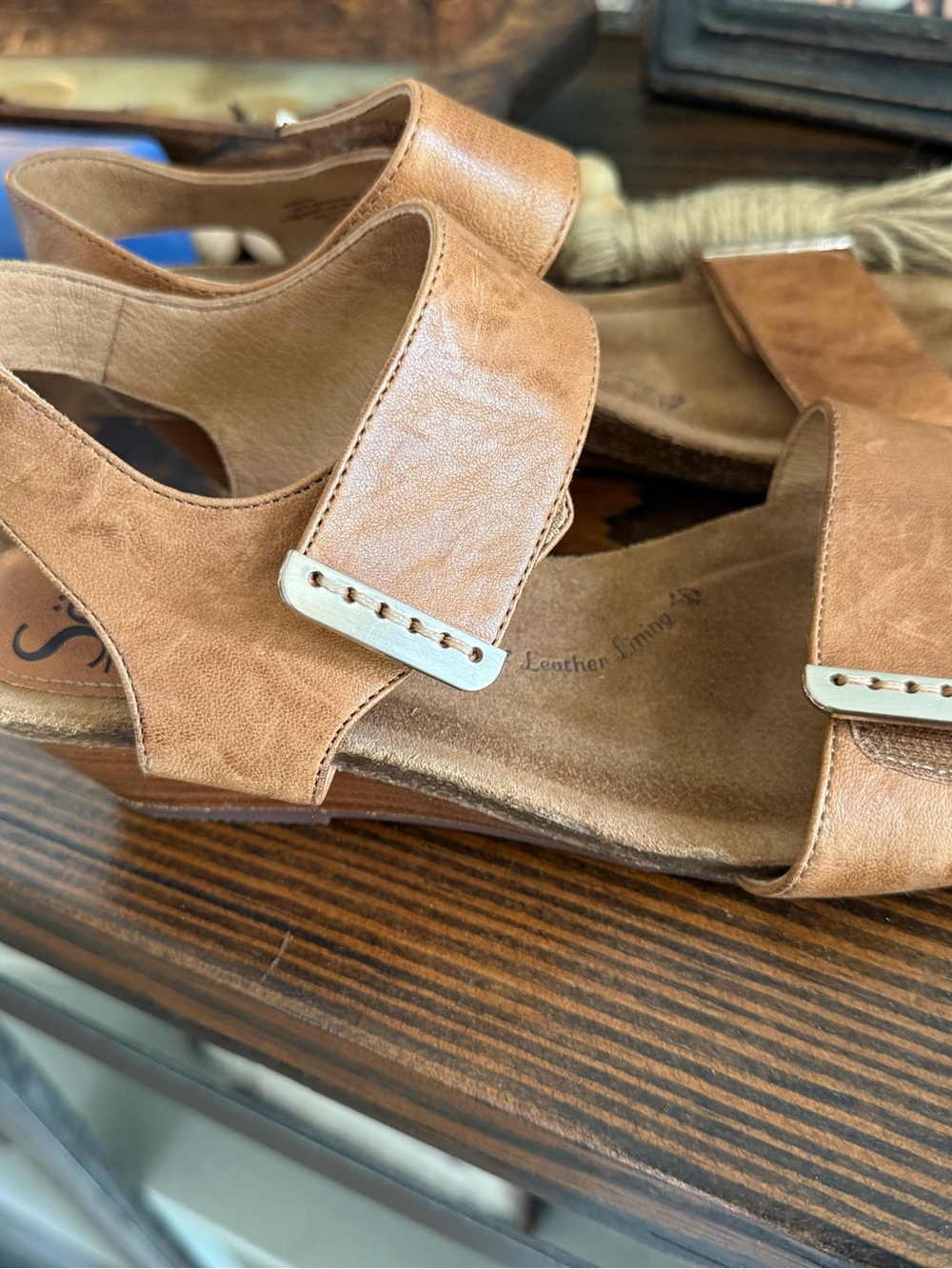 Sofft Tan Leather Wedge Sandals - Picture 2 of 10